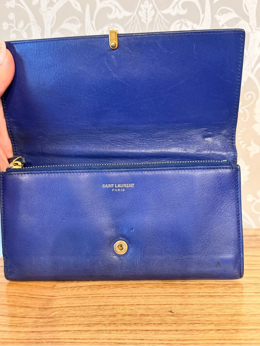 Authentic Saint Laurent YSL Blue Smooth Leather Cassandra Wallet Gold Hardware